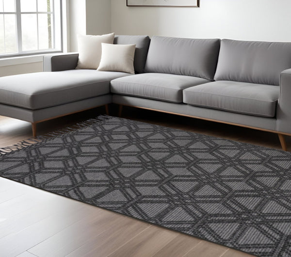 HomeRoots 5' Hand Woven Wool Area Rug in Black and Gray Geometric Design with Fringed Edges for Modern Spaces 8' X 10' 512357