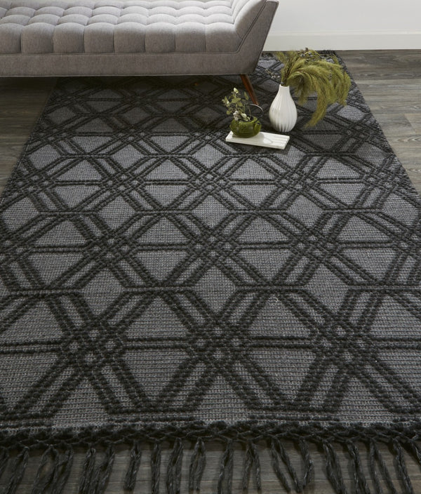 HomeRoots 5' Hand Woven Wool Area Rug in Black and Gray Geometric Design with Fringed Edges for Modern Spaces 8' X 10' 512357