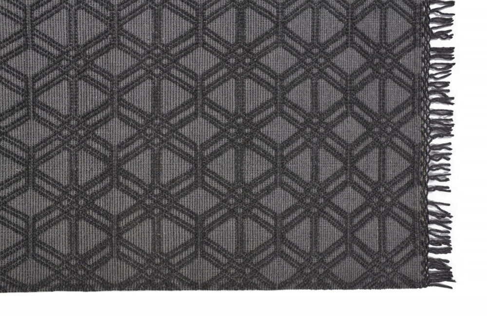 HomeRoots 5' Hand Woven Wool Area Rug in Black and Gray Geometric Design with Fringed Edges for Modern Spaces 8' X 10' 512357