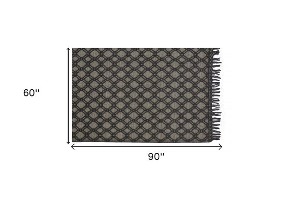 HomeRoots 5' Black and Ivory Hand-Woven Wool Area Rug with Geometric Design and Fringed Edges for Sophistication 5' X 8' 512360