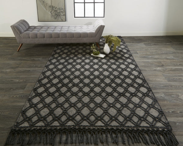 HomeRoots 5' Black and Ivory Hand-Woven Wool Area Rug with Geometric Design and Fringed Edges for Sophistication 5' X 8' 512360