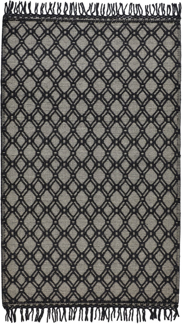 HomeRoots 5' Black and Ivory Hand-Woven Wool Area Rug with Geometric Design and Fringed Edges for Sophistication 8' X 10' 512361