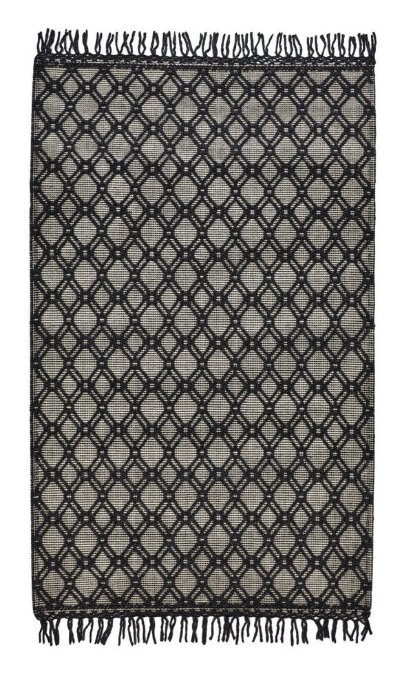 HomeRoots 5' Black and Ivory Hand-Woven Wool Area Rug with Geometric Design and Fringed Edges for Sophistication 8' X 10' 512361