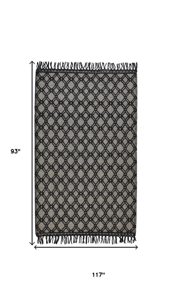 HomeRoots 5' Black and Ivory Hand-Woven Wool Area Rug with Geometric Design and Fringed Edges for Sophistication 8' X 10' 512361
