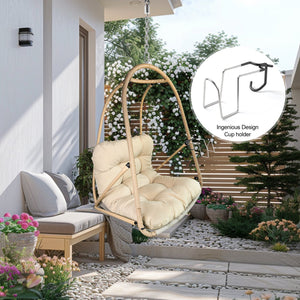English Elm without Swing Egg Chair Rattan Hanging Patio Basket with C-Bracket, Foldable, Cup Holder, Cushions, Durable Metal Frame Beige+yellow W2707P388602