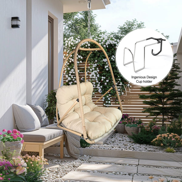 English Elm without Swing Egg Chair Rattan Hanging Patio Basket with C-Bracket, Foldable, Cup Holder, Cushions, Durable Metal Frame Beige+yellow W2707P388602