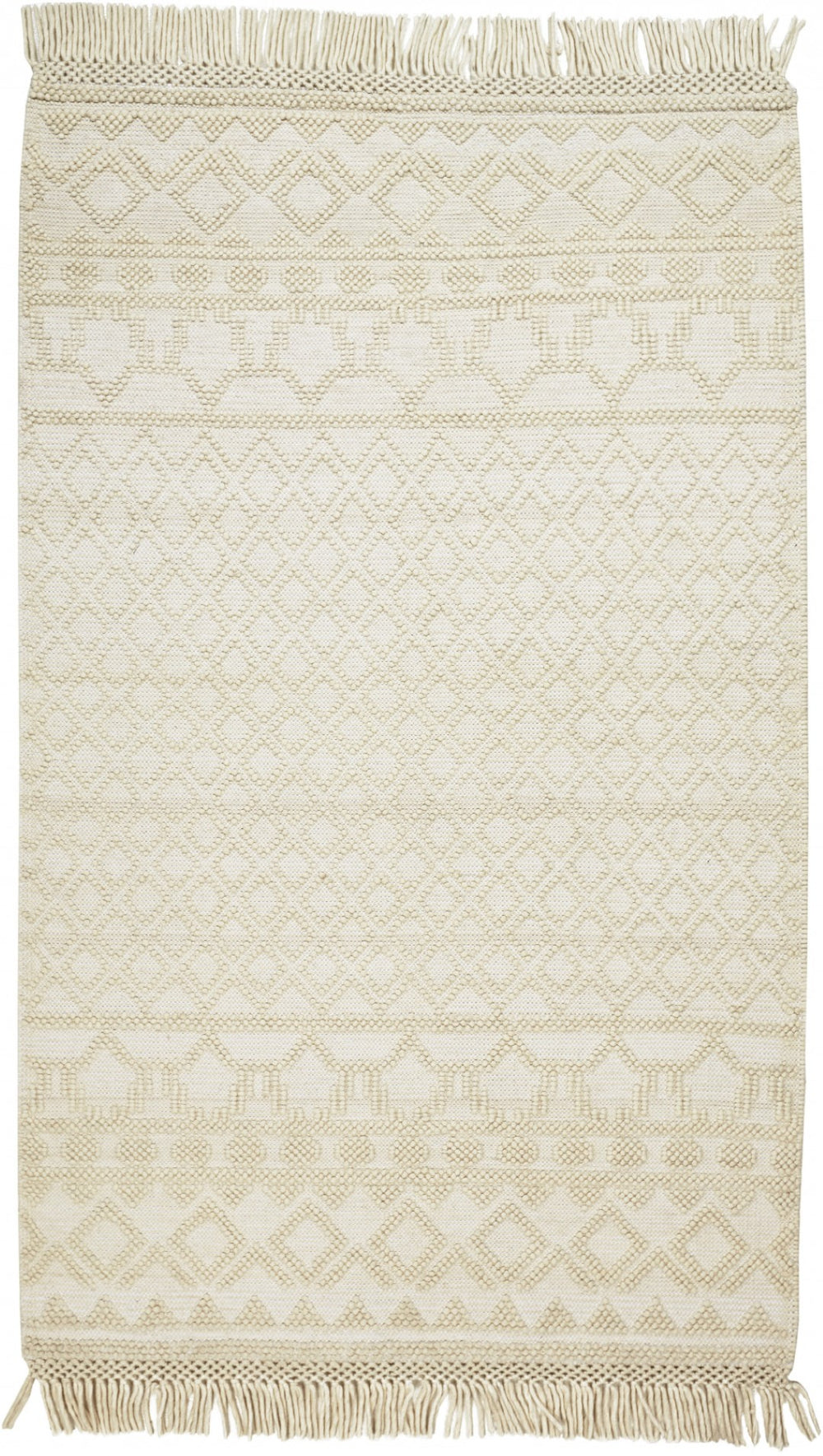 HomeRoots 5' Hand Woven Wool Area Rug with Geometric Design and Fringed Edges for Timeless Home Décor Ivory/Tan 5' x 8' 512368