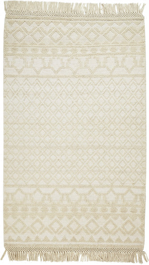 HomeRoots 5' Hand Woven Wool Area Rug with Geometric Design and Fringed Edges for Timeless Home Décor Ivory/Tan 5' x 8' 512368