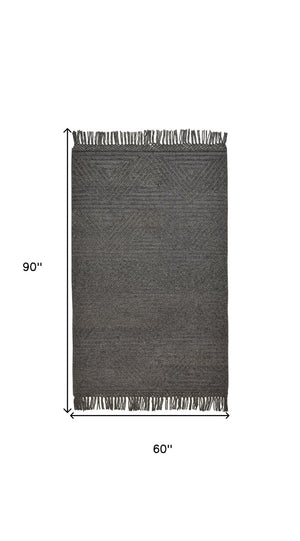 HomeRoots 5' Gray Wool Geometric Hand-Woven Area Rug with Elegant Fringed Edges for Timeless Home Style 5' X 8' 512372