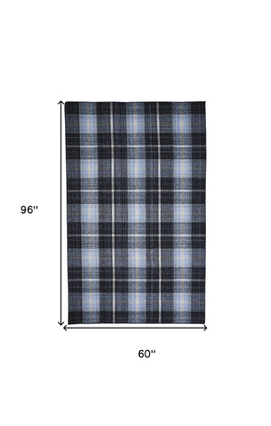 Homeroots 5' X 8' Black And Blue Abstract Hand Woven Area Rug Black,Blue,White 100% Pet 512385