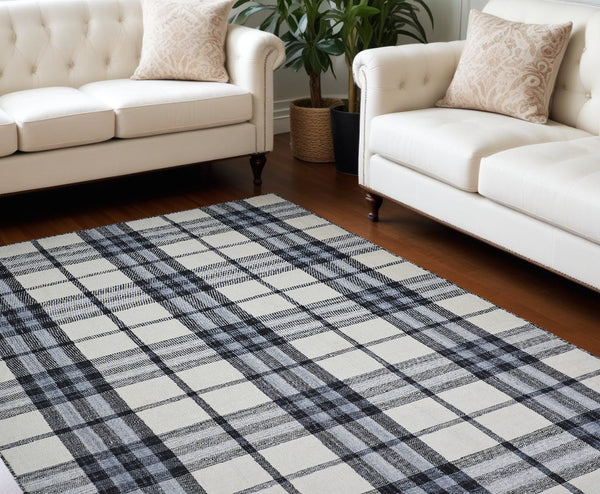 Homeroots 8' X 10' Ivory Blue And Black Abstract Hand Woven Stain Resistant Area Rug Ivory,Blue,Black Other Material 512392