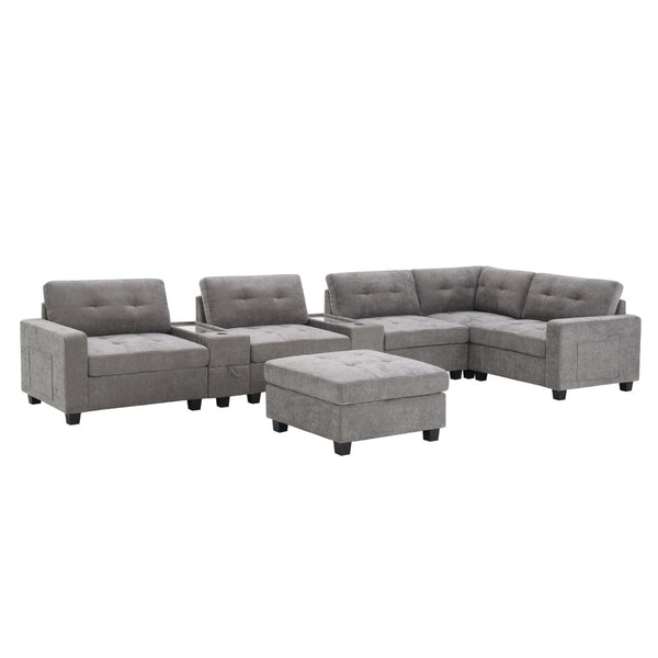English Elm [new U-shaped Chenille Sectional Six Seat Tufted Couch with Usb Charging Storage Gray N723S1191E