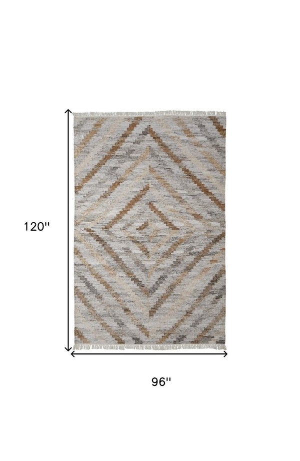 HomeRoots 5' Gray and Brown Hand-Woven Geometric Area Rug with Stylish Tassel Fringe for Modern Homes 8' X 10' 512424