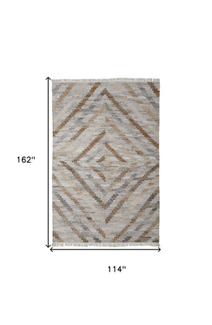 HomeRoots 5' Gray and Brown Hand-Woven Geometric Area Rug with Stylish Tassel Fringe for Modern Homes 10' X 13' 512426