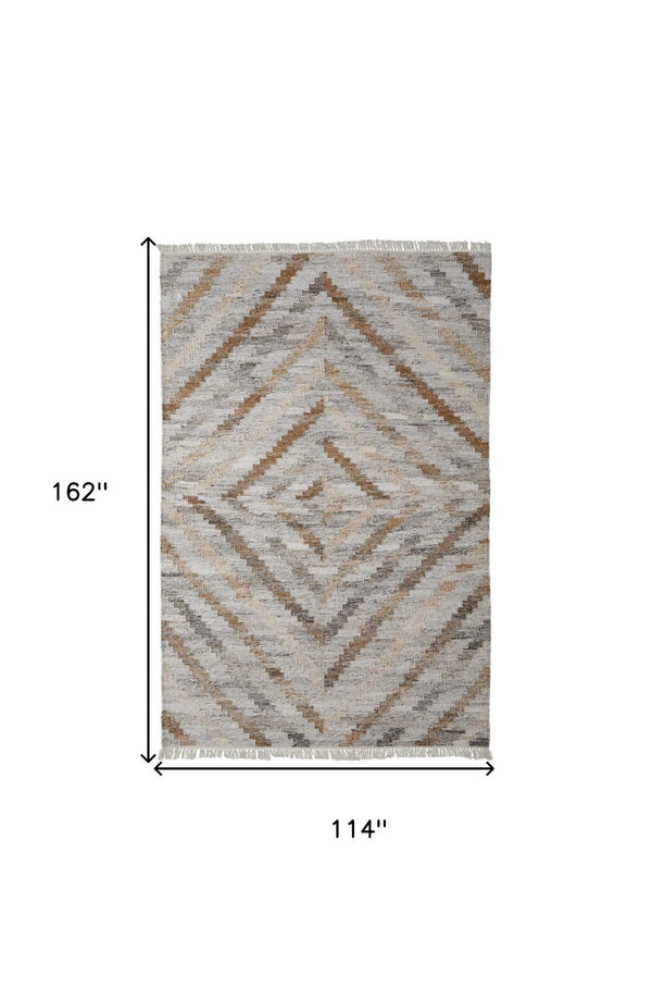 HomeRoots 5' Gray and Brown Hand-Woven Geometric Area Rug with Stylish Tassel Fringe for Modern Homes 10' X 13' 512426