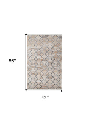 HomeRoots 4' Hand-Woven Geometric Area Rug in Gray, Ivory & Tan – Stain-Resistant with Timeless Fringe Design 4' X 6' 512428