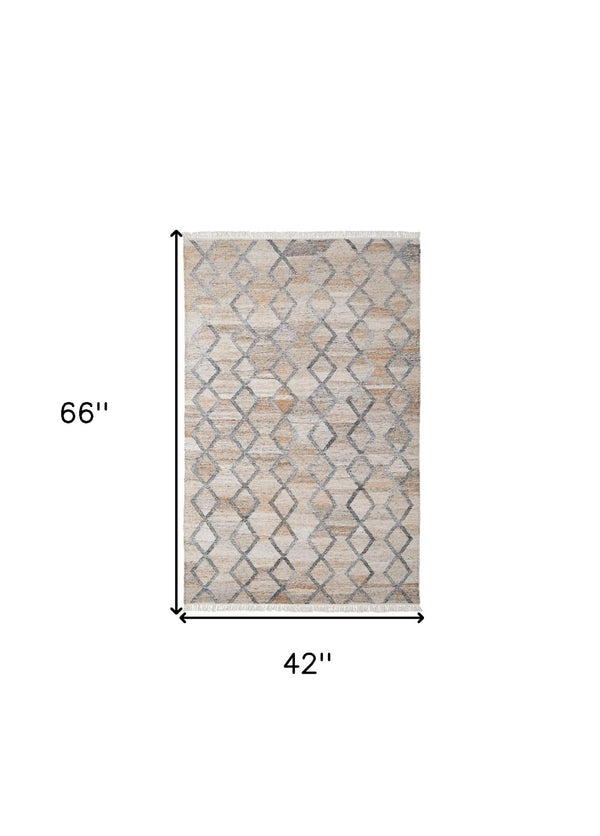 HomeRoots 4' Hand-Woven Geometric Area Rug in Gray, Ivory & Tan – Stain-Resistant with Timeless Fringe Design 4' X 6' 512428