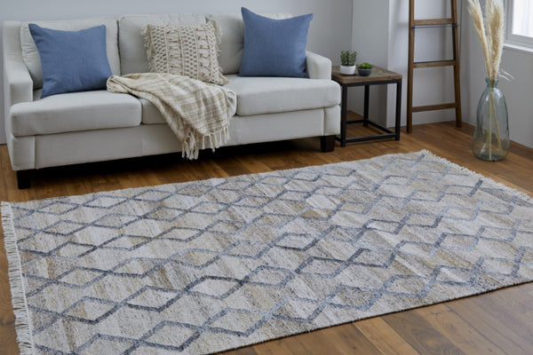 HomeRoots 4' Hand-Woven Geometric Area Rug in Gray, Ivory & Tan – Stain-Resistant with Timeless Fringe Design 4' X 6' 512428