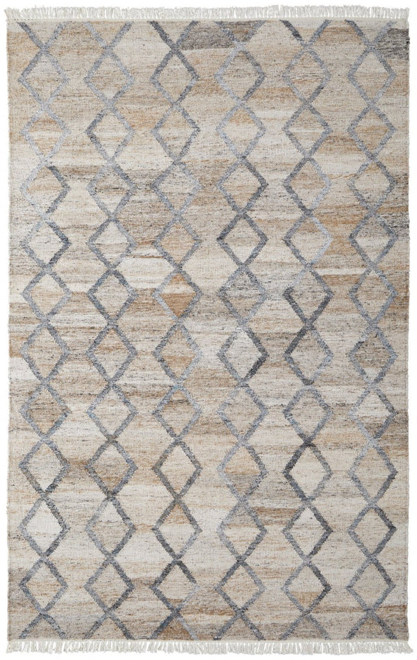 HomeRoots 4' Hand-Woven Geometric Area Rug in Gray, Ivory & Tan – Stain-Resistant with Timeless Fringe Design 5' X 8' 512429