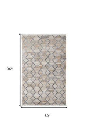 HomeRoots 4' Hand-Woven Geometric Area Rug in Gray, Ivory & Tan – Stain-Resistant with Timeless Fringe Design 5' X 8' 512429