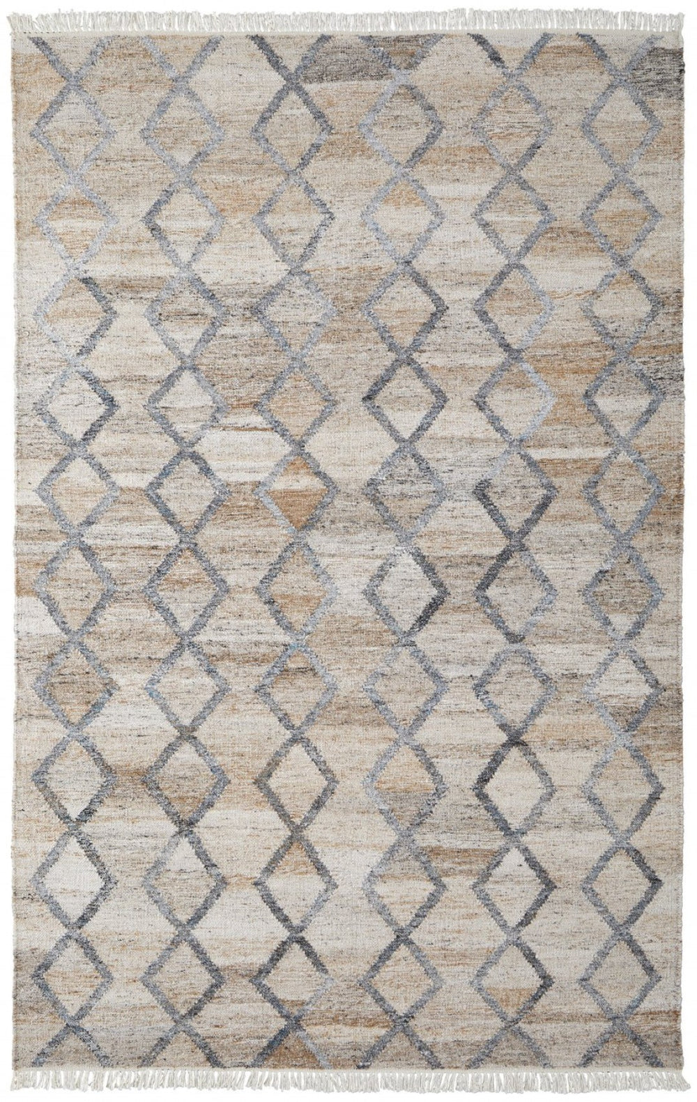 HomeRoots 4' Hand-Woven Geometric Area Rug in Gray, Ivory & Tan – Stain-Resistant with Timeless Fringe Design 8' X 10' 512430