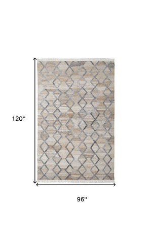 HomeRoots 4' Hand-Woven Geometric Area Rug in Gray, Ivory & Tan – Stain-Resistant with Timeless Fringe Design 8' X 10' 512430