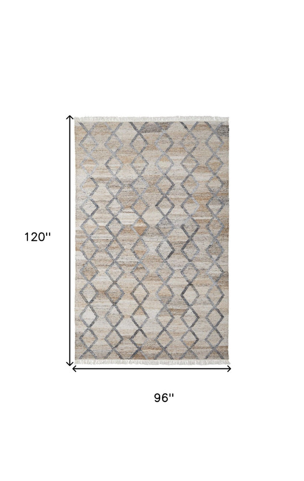 HomeRoots 4' Hand-Woven Geometric Area Rug in Gray, Ivory & Tan – Stain-Resistant with Timeless Fringe Design 8' X 10' 512430