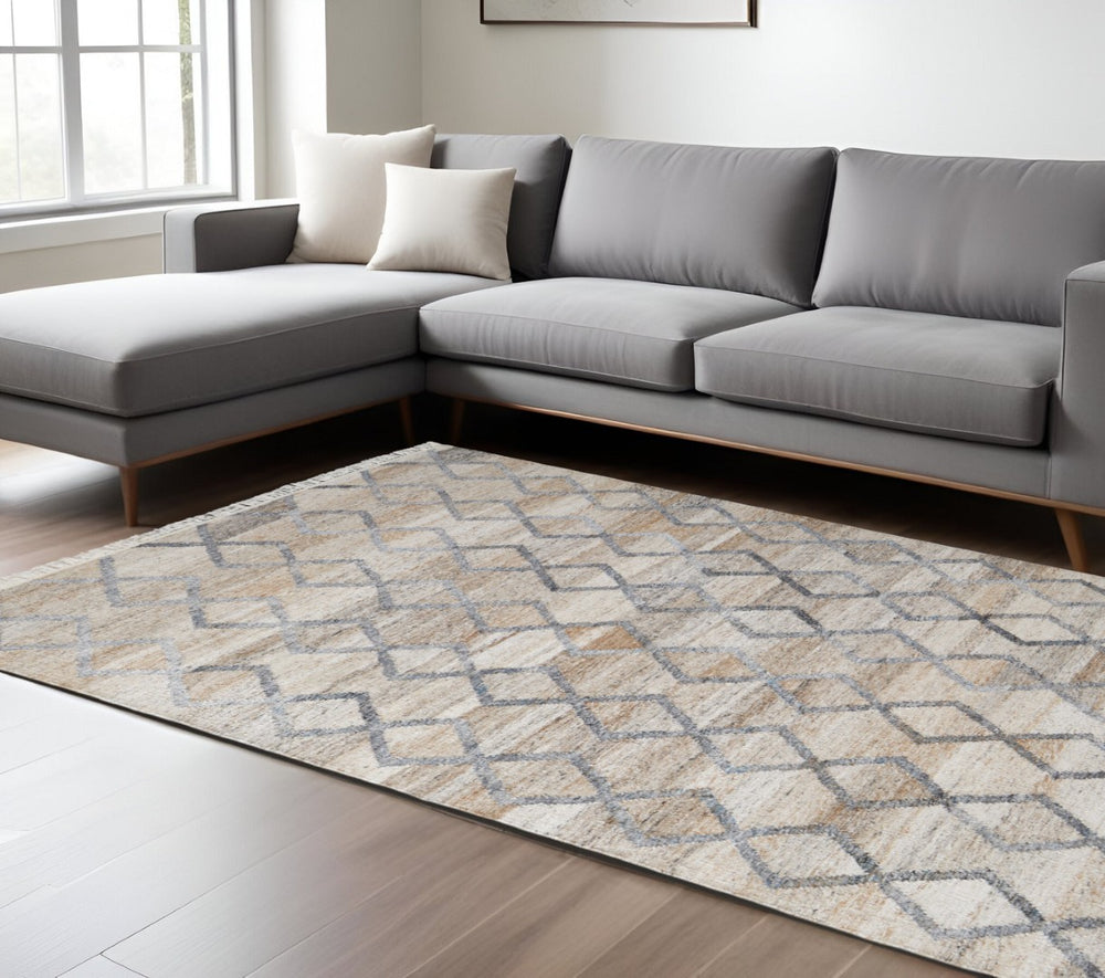 HomeRoots 4' Hand-Woven Geometric Area Rug in Gray, Ivory & Tan – Stain-Resistant with Timeless Fringe Design 8' X 10' 512430