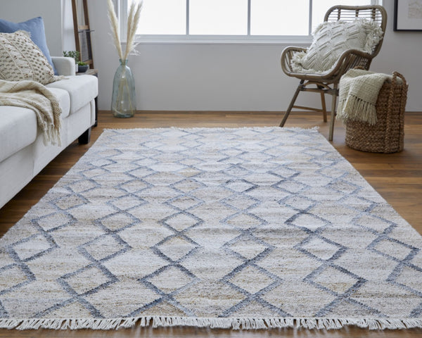 HomeRoots 4' Hand-Woven Geometric Area Rug in Gray, Ivory & Tan – Stain-Resistant with Timeless Fringe Design 8' X 10' 512430