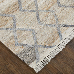 HomeRoots 4' Hand-Woven Geometric Area Rug in Gray, Ivory & Tan – Stain-Resistant with Timeless Fringe Design 8' X 10' 512430
