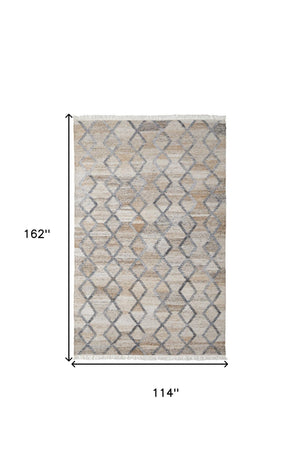 HomeRoots 4' Hand-Woven Geometric Area Rug in Gray, Ivory & Tan – Stain-Resistant with Timeless Fringe Design 10' X 13' 512432