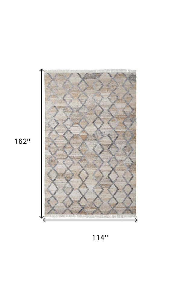 HomeRoots 4' Hand-Woven Geometric Area Rug in Gray, Ivory & Tan – Stain-Resistant with Timeless Fringe Design 10' X 13' 512432