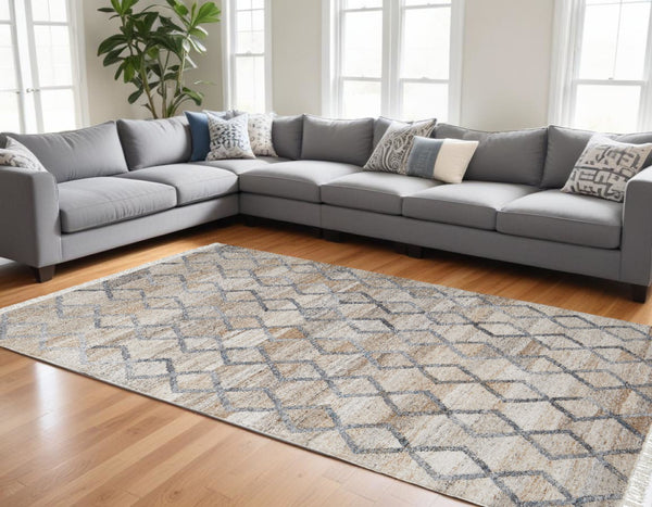 HomeRoots 4' Hand-Woven Geometric Area Rug in Gray, Ivory & Tan – Stain-Resistant with Timeless Fringe Design 10' X 13' 512432