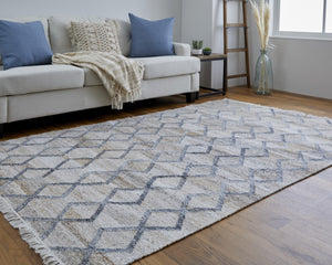 HomeRoots 4' Hand-Woven Geometric Area Rug in Gray, Ivory & Tan – Stain-Resistant with Timeless Fringe Design 10' X 13' 512432