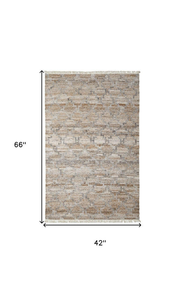 HomeRoots 4' Hand Woven Tan and Gray Geometric Area Rug with Fringe – Stylish, Durable, and Unique Design 4' X 6' 512434