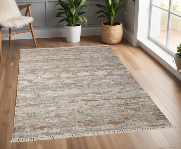 HomeRoots 4' Hand Woven Tan and Gray Geometric Area Rug with Fringe – Stylish, Durable, and Unique Design 4' X 6' 512434