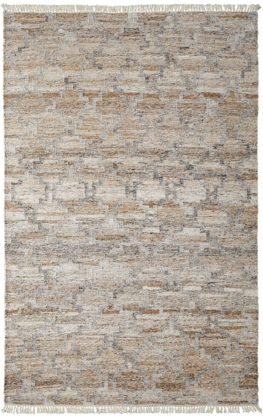 HomeRoots 4' Hand Woven Tan and Gray Geometric Area Rug with Fringe – Stylish, Durable, and Unique Design 5' X 8' 512435