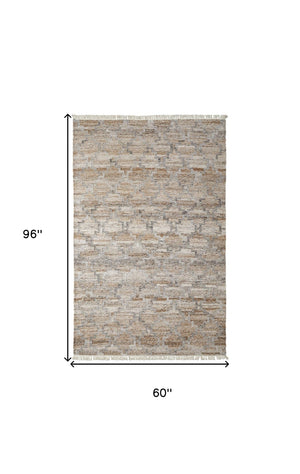 HomeRoots 4' Hand Woven Tan and Gray Geometric Area Rug with Fringe – Stylish, Durable, and Unique Design 5' X 8' 512435