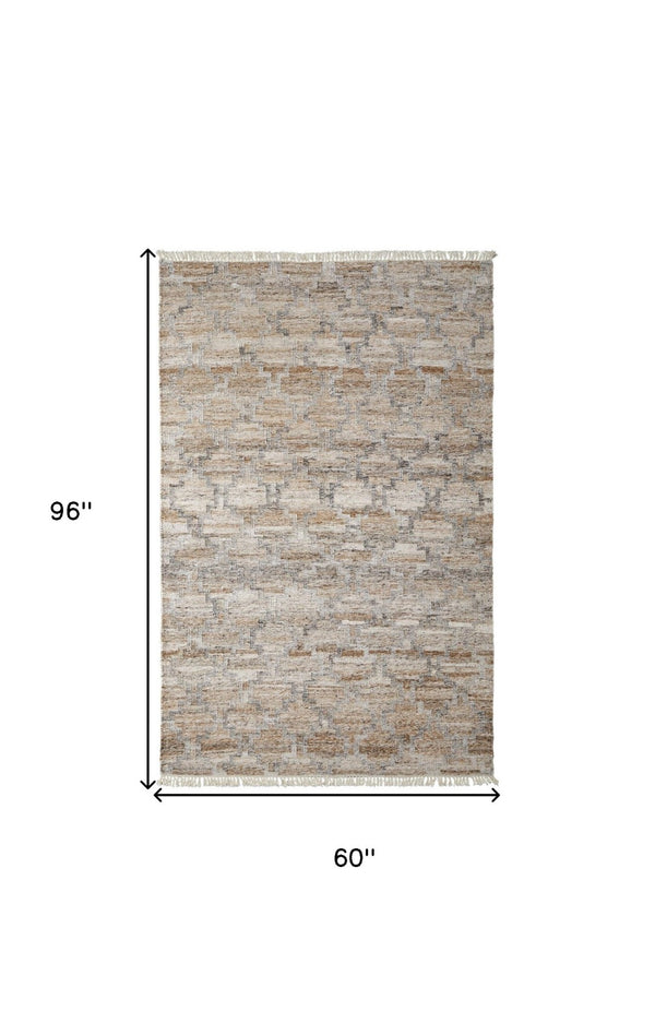 HomeRoots 4' Hand Woven Tan and Gray Geometric Area Rug with Fringe – Stylish, Durable, and Unique Design 5' X 8' 512435