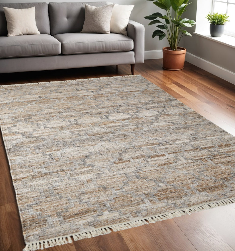 HomeRoots 4' Hand Woven Tan and Gray Geometric Area Rug with Fringe – Stylish, Durable, and Unique Design 5' X 8' 512435