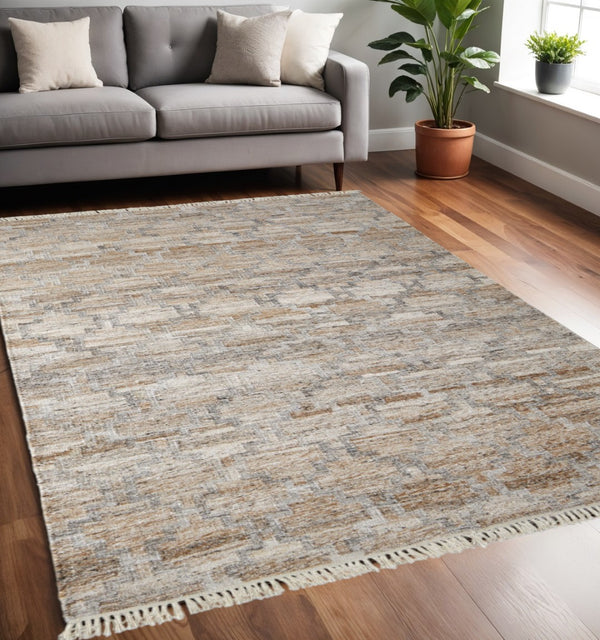 HomeRoots 4' Hand Woven Tan and Gray Geometric Area Rug with Fringe – Stylish, Durable, and Unique Design 5' X 8' 512435