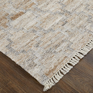 HomeRoots 4' Hand Woven Tan and Gray Geometric Area Rug with Fringe – Stylish, Durable, and Unique Design 5' X 8' 512435