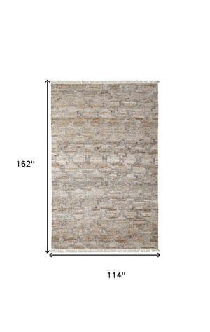 HomeRoots 4' Hand Woven Tan and Gray Geometric Area Rug with Fringe – Stylish, Durable, and Unique Design 10' X 13' 512438