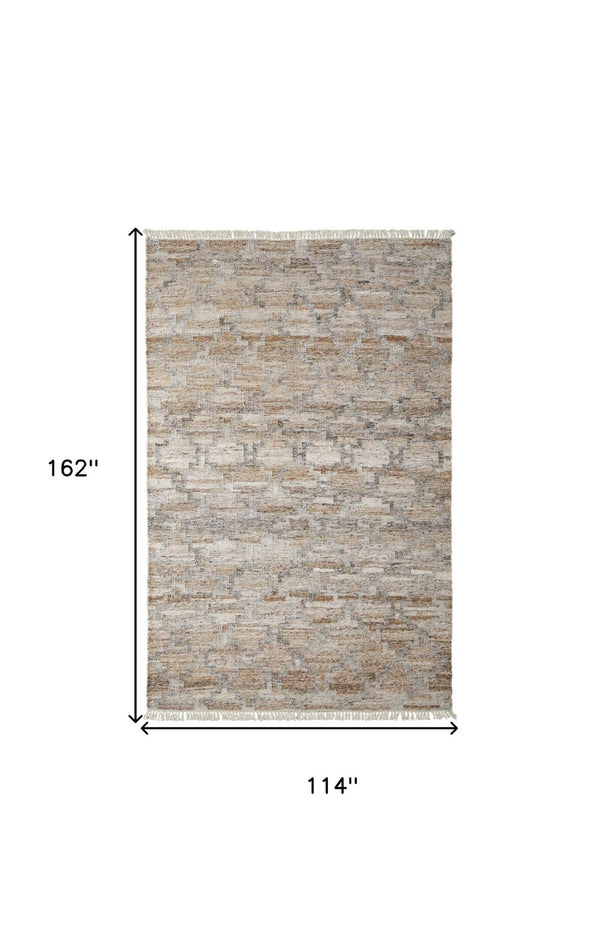 HomeRoots 4' Hand Woven Tan and Gray Geometric Area Rug with Fringe – Stylish, Durable, and Unique Design 10' X 13' 512438