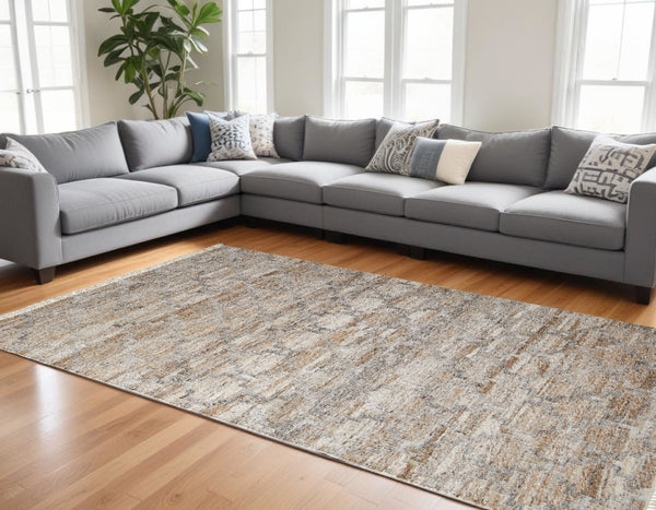 HomeRoots 4' Hand Woven Tan and Gray Geometric Area Rug with Fringe – Stylish, Durable, and Unique Design 10' X 13' 512438