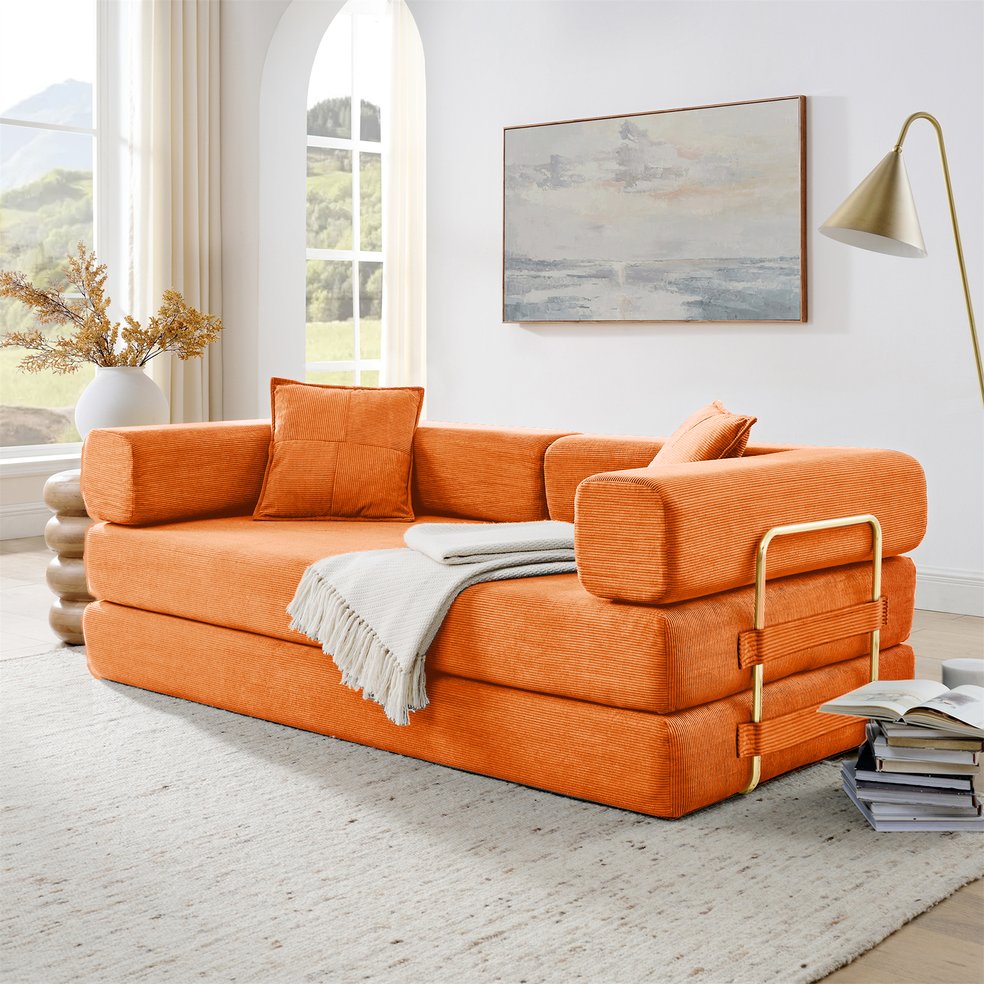 English Elm Modern Corduroy Sofa Bed Convertible Floor Couch with Removable Backrest, Modular King-Size Comfort, Orange W1117P323557