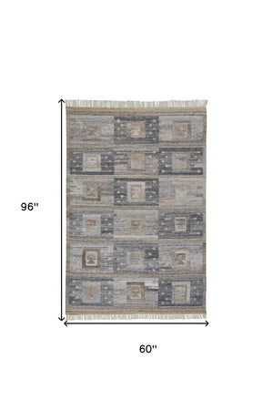 HomeRoots 5' Hand-Woven Geometric Area Rug in Gray, Black & Brown - Stylish, Eco-Friendly, Soft & Durable 5' X 8' 512459