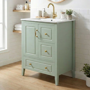 English Elm [video] 24 Inch Farmhouse Bathroom Vanity with Sink Pine Wood Mdf Soft Close Storage N759P415299G