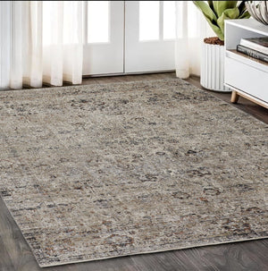 HomeRoots 4' Taupe Ivory and Gray Abstract Distressed Area Rug with Fringed Edges for Modern Home Decor 5' X 8' 512478