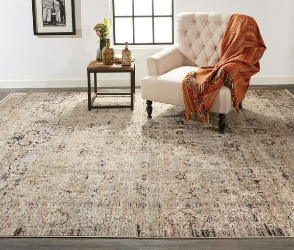 HomeRoots 4' Taupe Ivory and Gray Abstract Distressed Area Rug with Fringed Edges for Modern Home Decor 5' X 8' 512478
